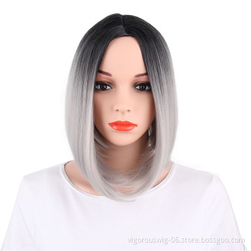 High quality wholesale premium vendor ombre silver short straight wavy hair synthetic heat resistant wig lace front black women